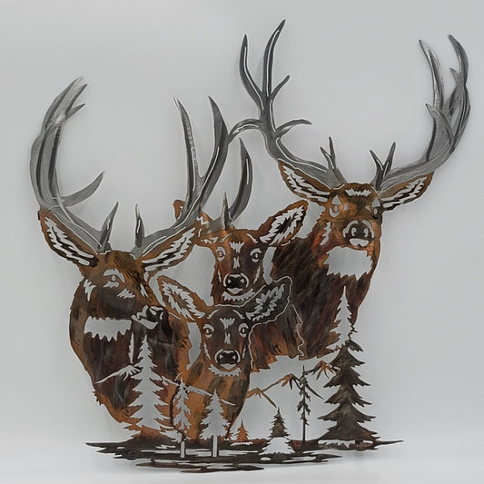 Deer family mountain metal wall art with rustic wildlife scene. Two sizes and five colors options. Personalize this piece to make it your own.