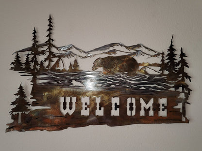 Bear and Mountain Scene Welcome Sign 5 Color Options