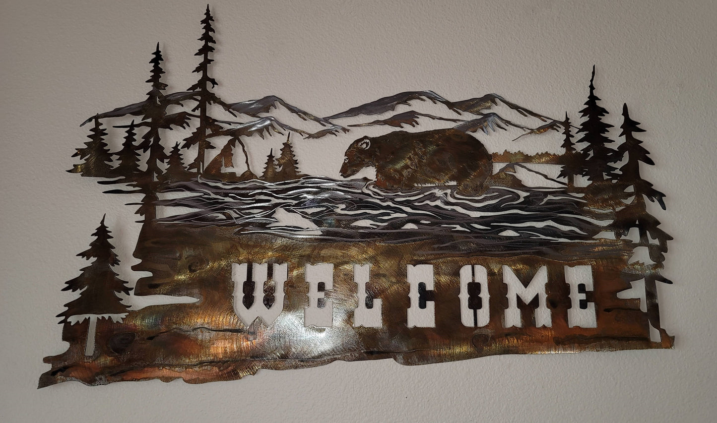 Bear and Mountain Scene Welcome Sign 5 Color Options